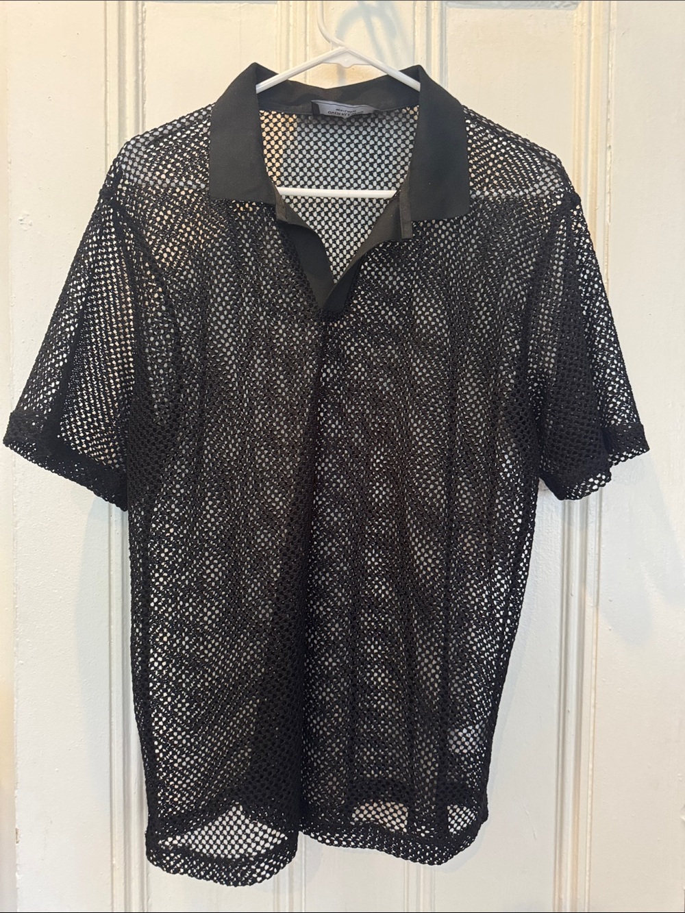 Over Kleshas Men’s Black Sheer Mesh Polo Shirt Open Knit Short Sleeve